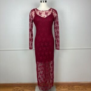 No Comment Floral Lace Bodycon Dress Size L Red Mesh Whimsigoth Maxi Sexy Lace